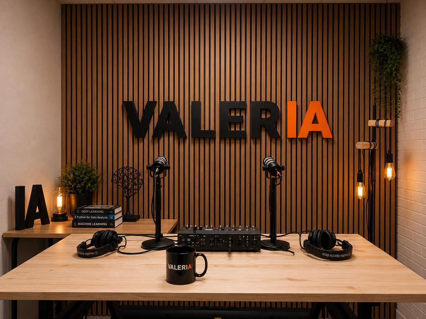 Décor VALERIA avec table, microphones, casques et panneau mural en bois.